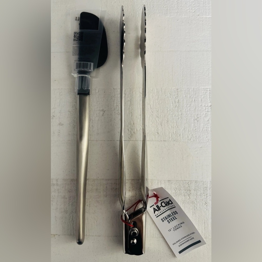 All-Clad 12'' Stainless Steel Locking Tongs + Silicone Tool Scraper Cooking